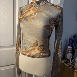 Urban Outfitters Angelic Print Long Sleeve Top - Cream and Brown